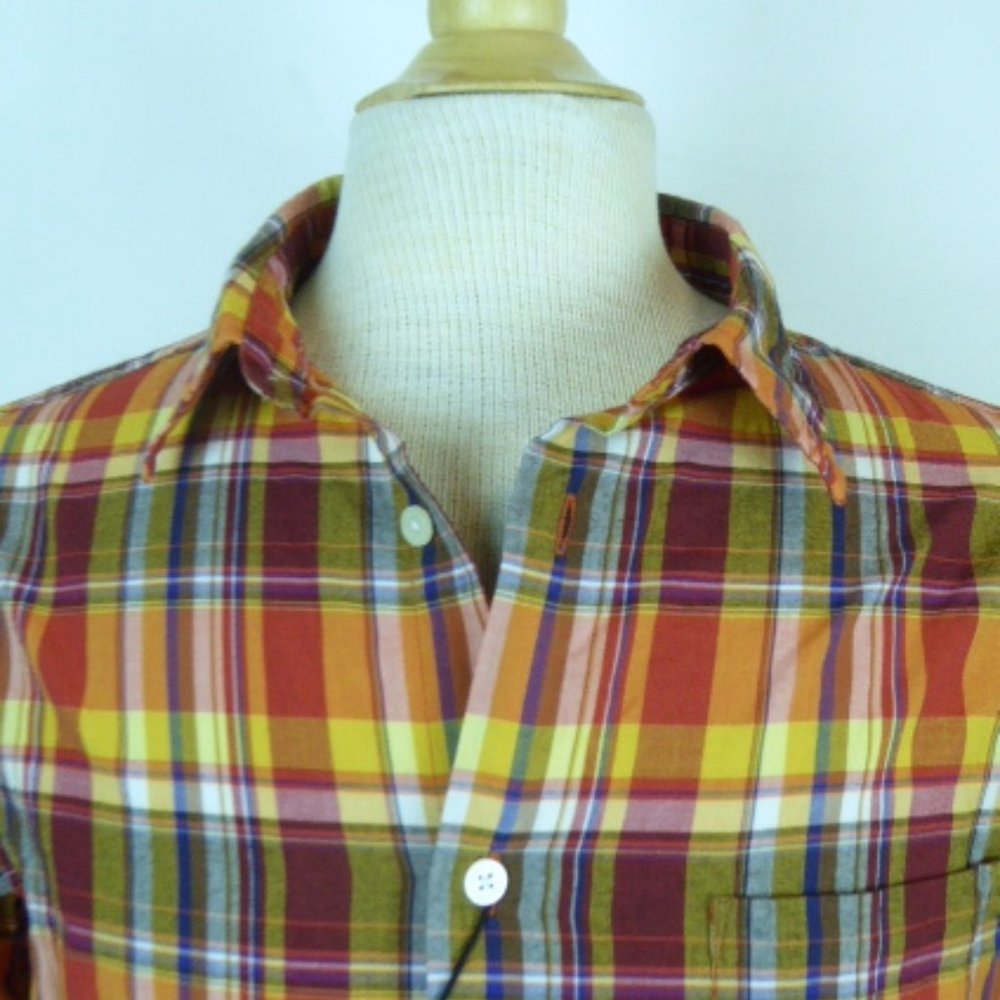 JOHN VARVATOS COTTON red gold blue Madras plaid shirt long sleeve classic NWT